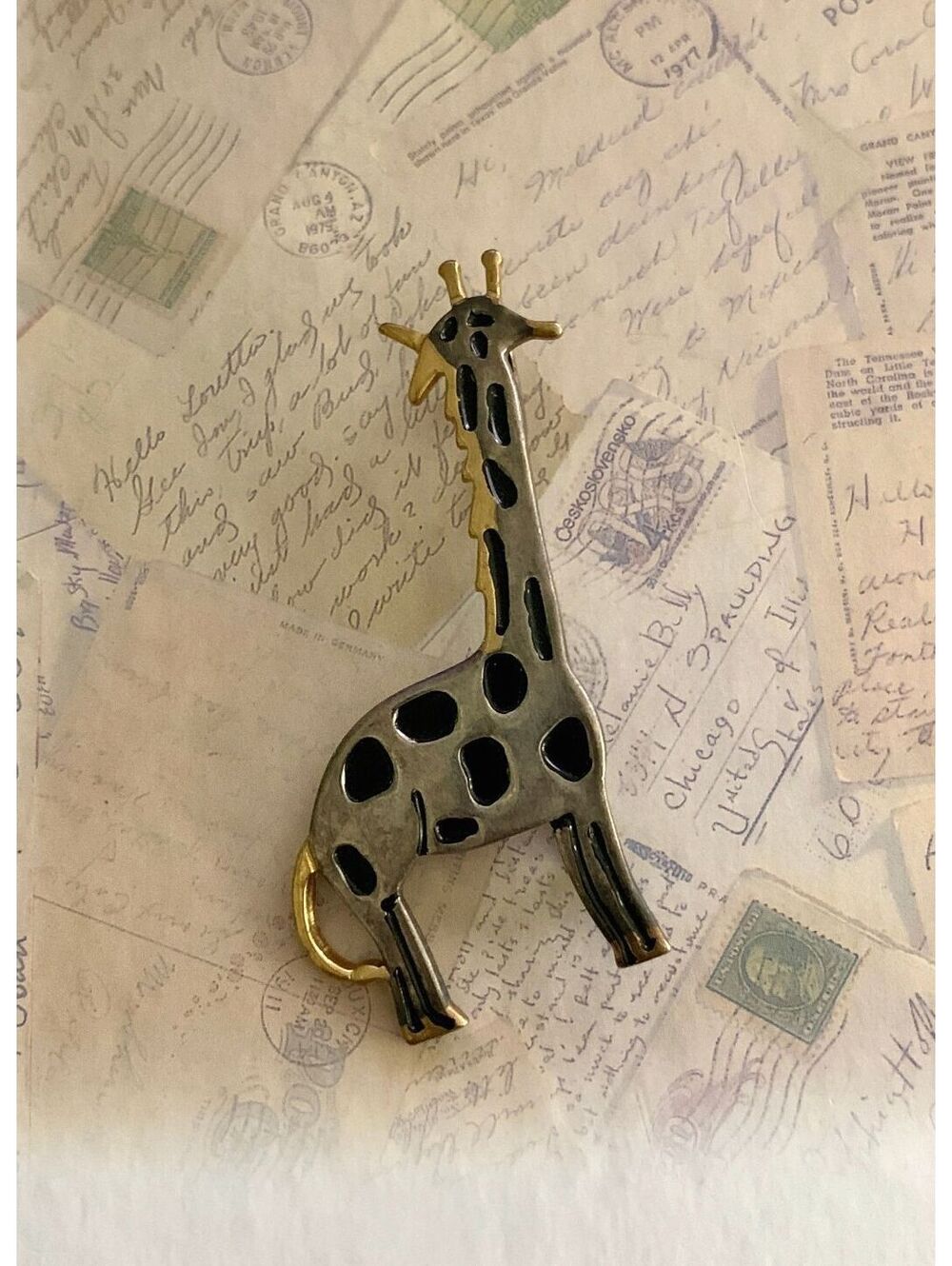 Vintage Charming Handmade Giraffe Brooch Pin with Brass Accents
